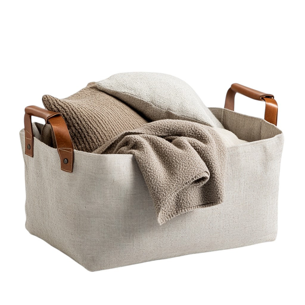 Qwfkz Large Fabric Storage Basket - Natural Cotton & Linen Bin with Leather Handles for Living Room, Closet, Kids Toys & Laundry Organizer