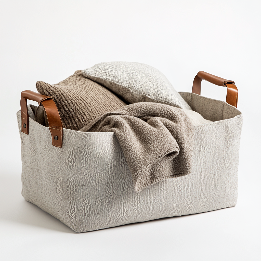 Qwfkz Large Fabric Storage Basket - Natural Cotton & Linen Bin with Leather Handles for Living Room, Closet, Kids Toys & Laundry Organizer