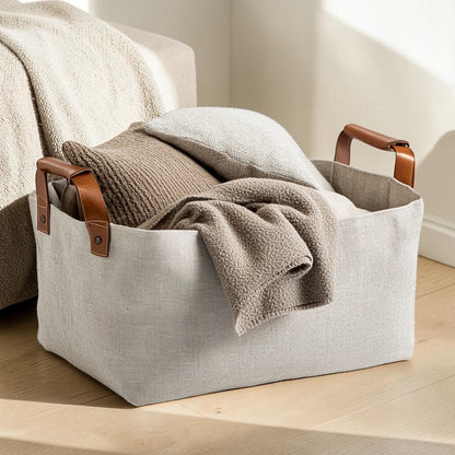 Qwfkz Large Fabric Storage Basket - Natural Cotton & Linen Bin with Leather Handles for Living Room, Closet, Kids Toys & Laundry Organizer
