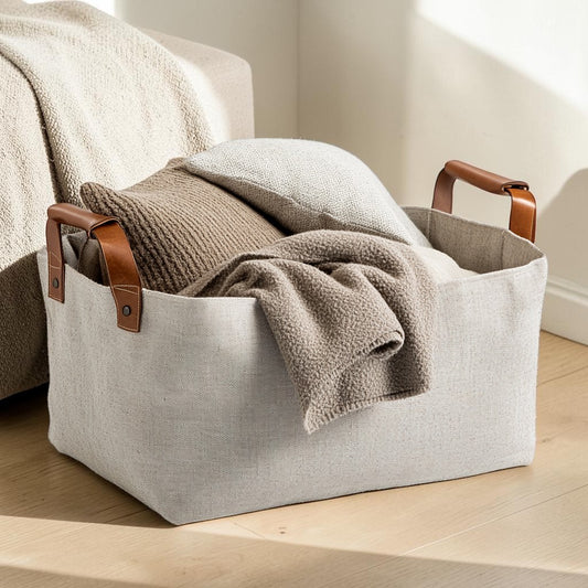 Qwfkz Large Fabric Storage Basket - Natural Cotton & Linen Bin with Leather Handles for Living Room, Closet, Kids Toys & Laundry Organizer